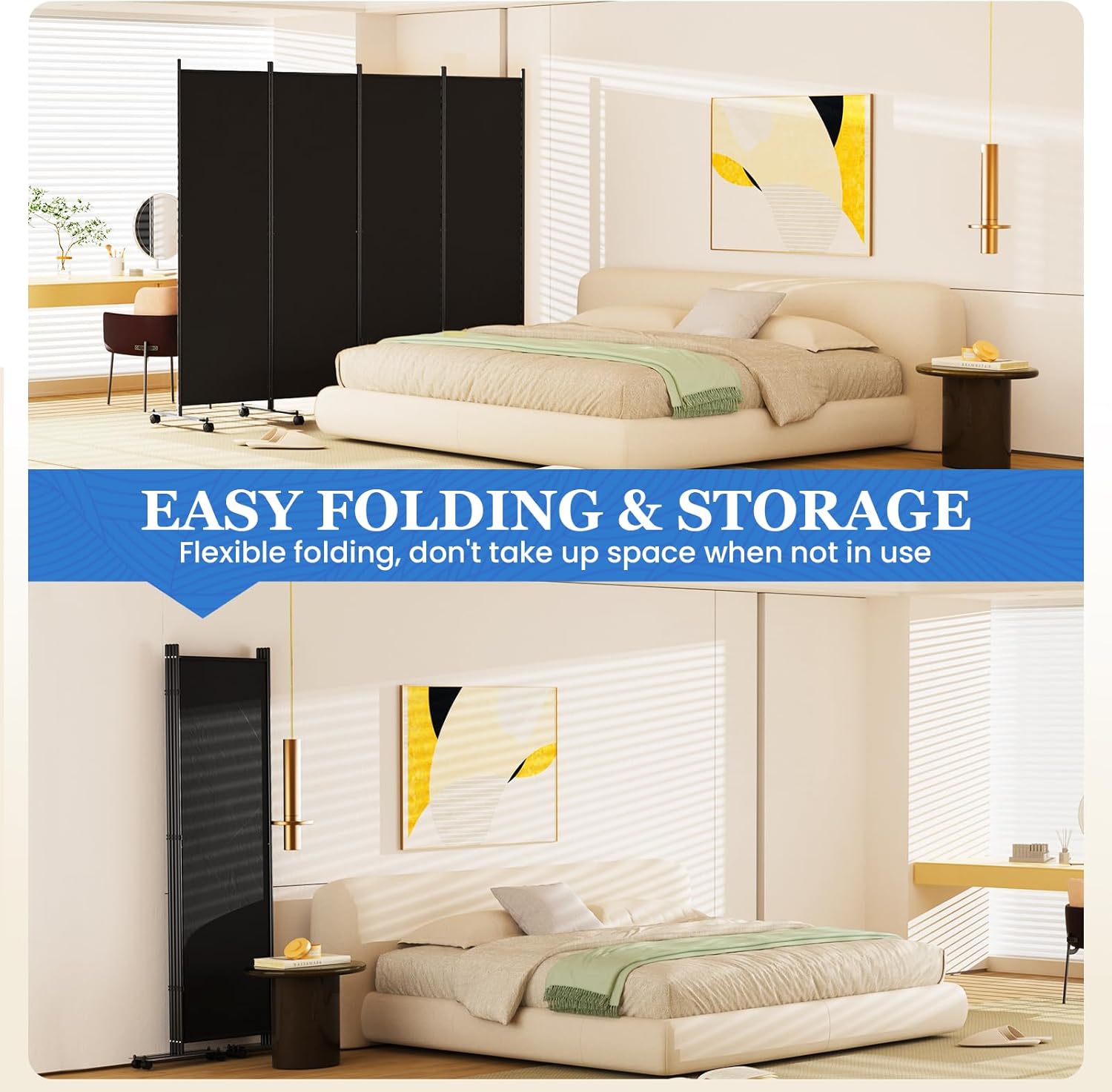 Room Divider 6FT Folding Privacy Screens with Lockable Wheels, 4 Panel Room Partition for Room Separator, 88 W Freestanding Portable Fabric Wall Dividers for Home Dorm Studio Office, Black